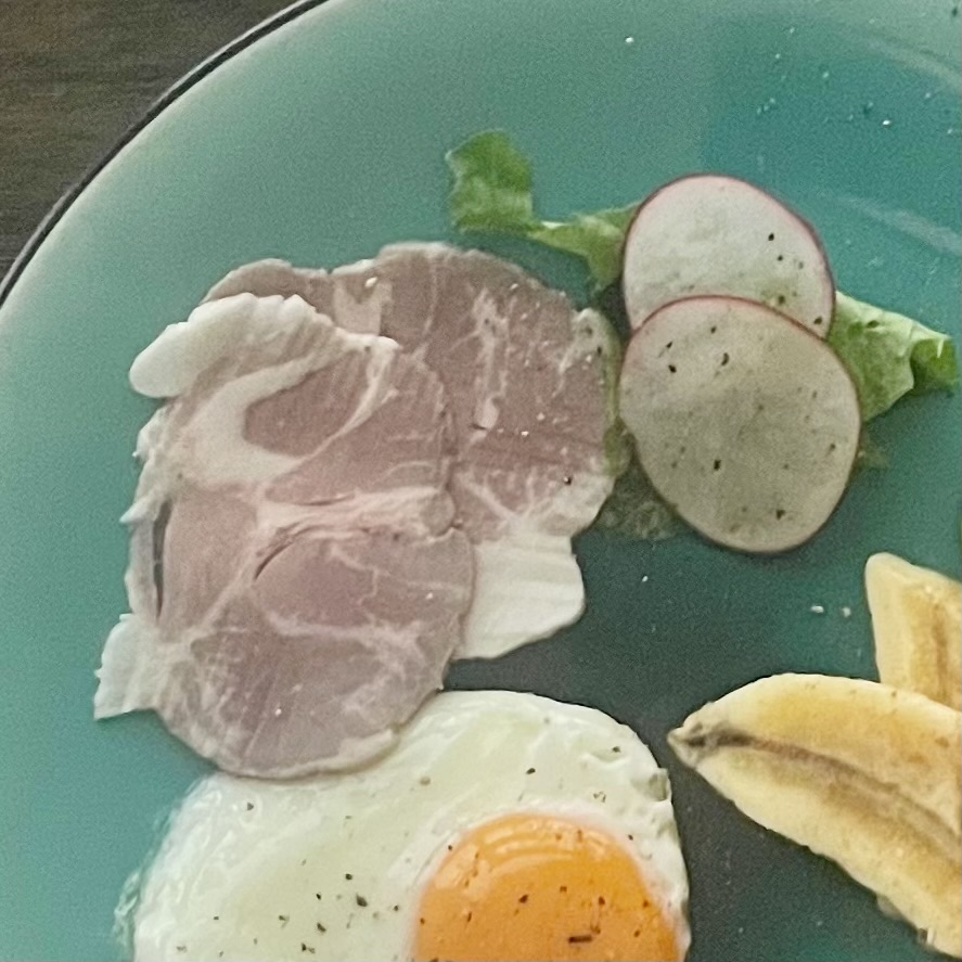 無添加の手作りハムの断面写真。しっとり柔らかく仕上がった肩ロースの盛り付け。